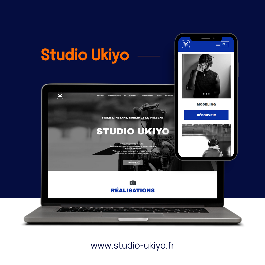 Ordinateur portable et smartphone affichant le site web de Studio Ukiyo sur un fond bleu foncé, avec l'adresse du site web en dessous.