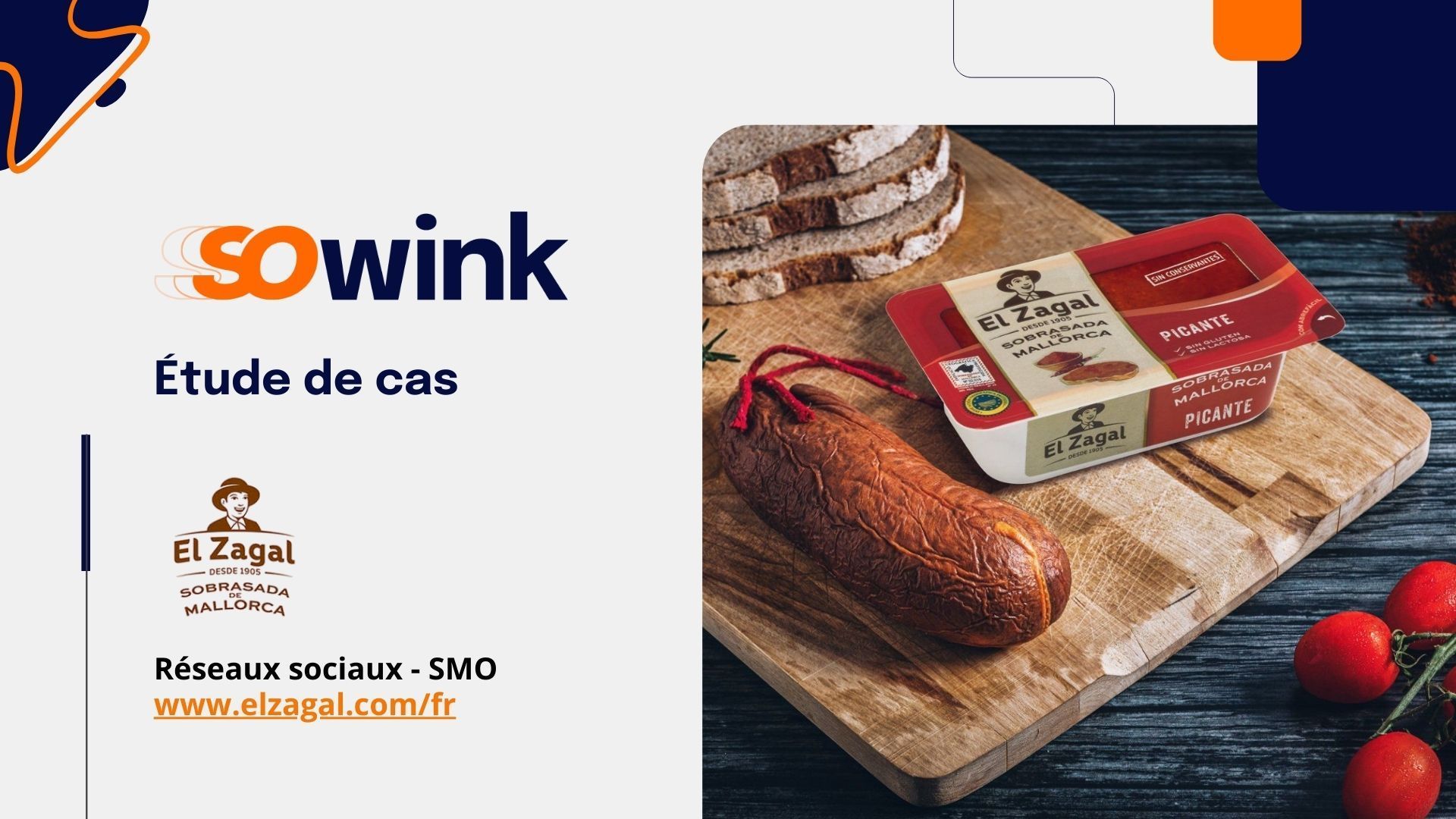 Diapositive promotionnelle pour les produits alimentaires « El Zagal » présentant une saucisse et un produit emballé sur une planche à découper.