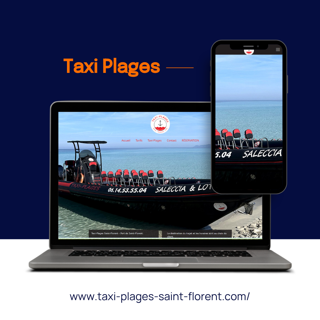 Site web de Taxi Plages affiché sur un ordinateur portable et un smartphone sur fond bleu avec des en-têtes représentant des scènes de plage.