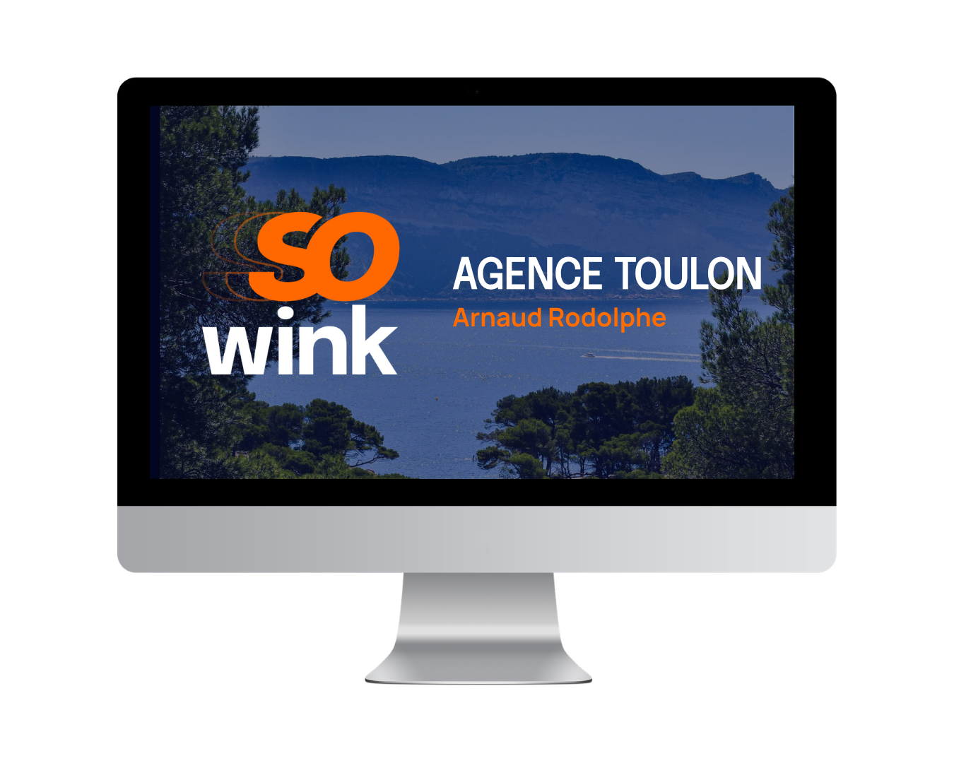 Un écran d'ordinateur de bureau affichant une diapositive de présentation avec le logo « So Wink » et le texte « Agence Toulon » sur un fond paysage.