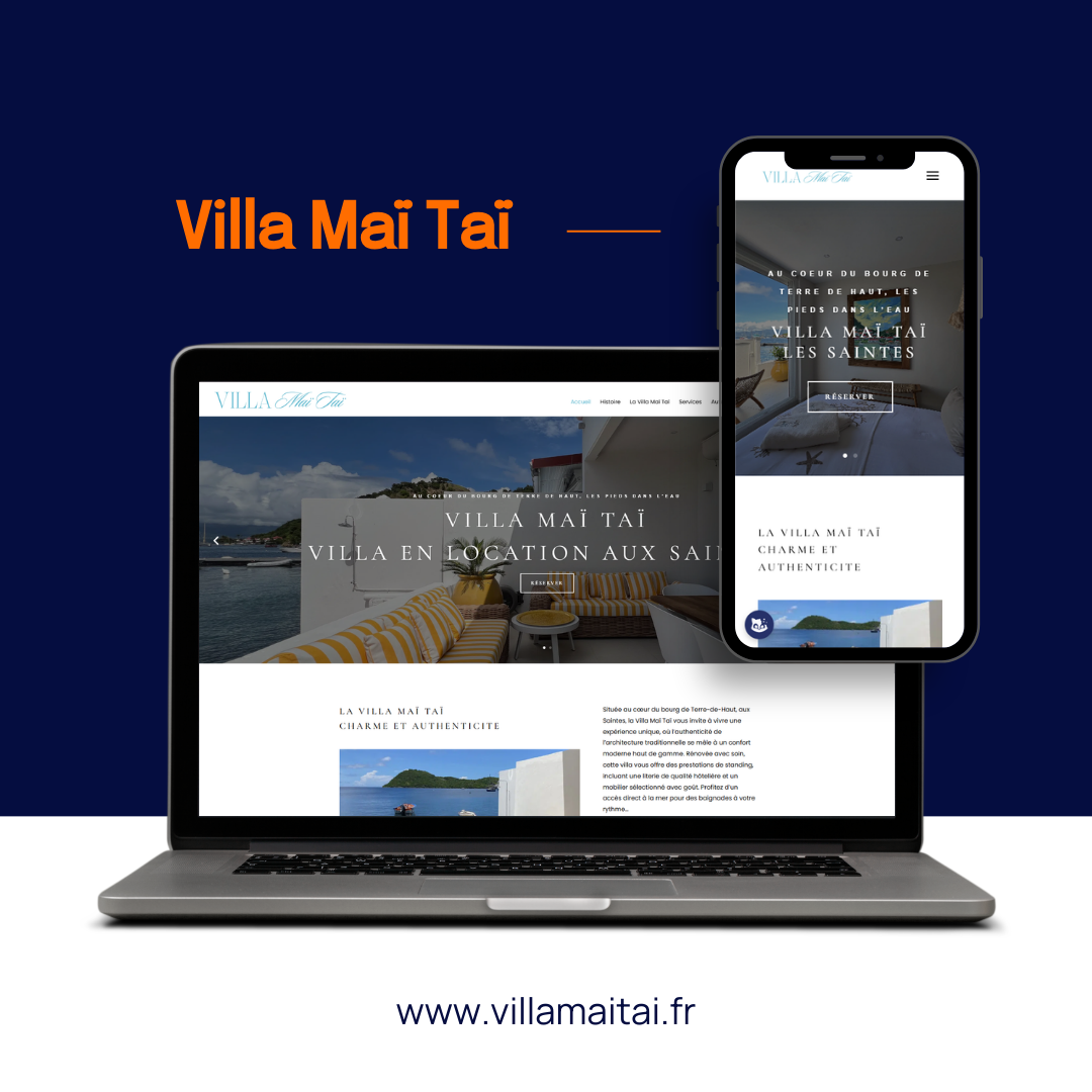 Un ordinateur portable et un smartphone affichent le site web de Villa Maï Taï sur un fond bleu foncé, avec l'URL du site web en dessous.