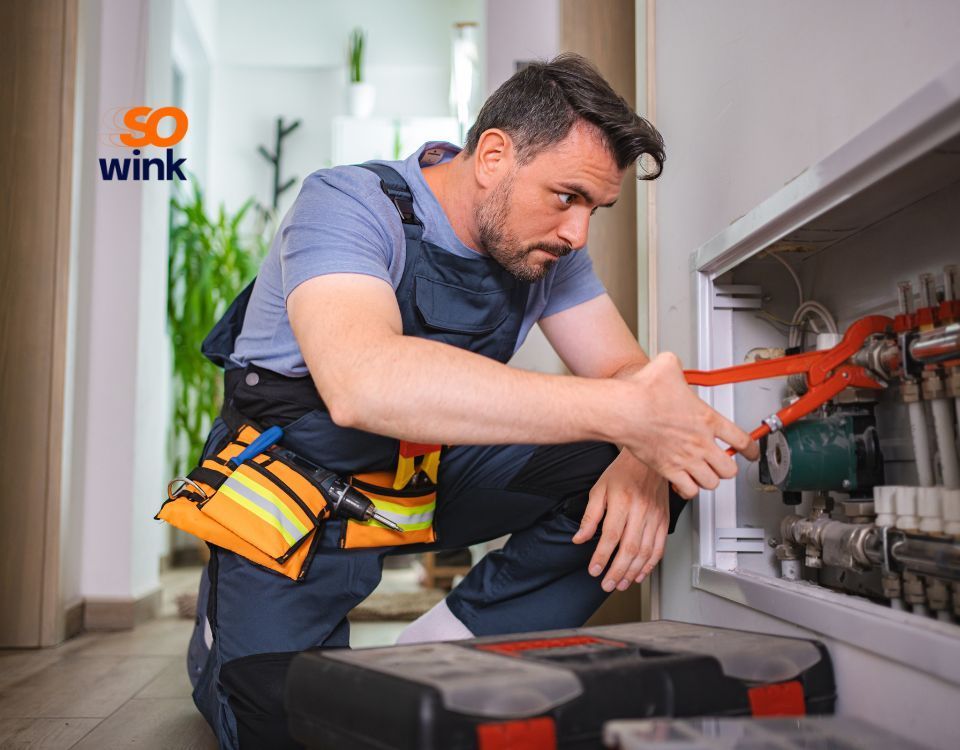 Un technicien s'agenouille et utilise une pince pour réparer un collecteur de système de chauffage domestique situé dans un compartiment mural.