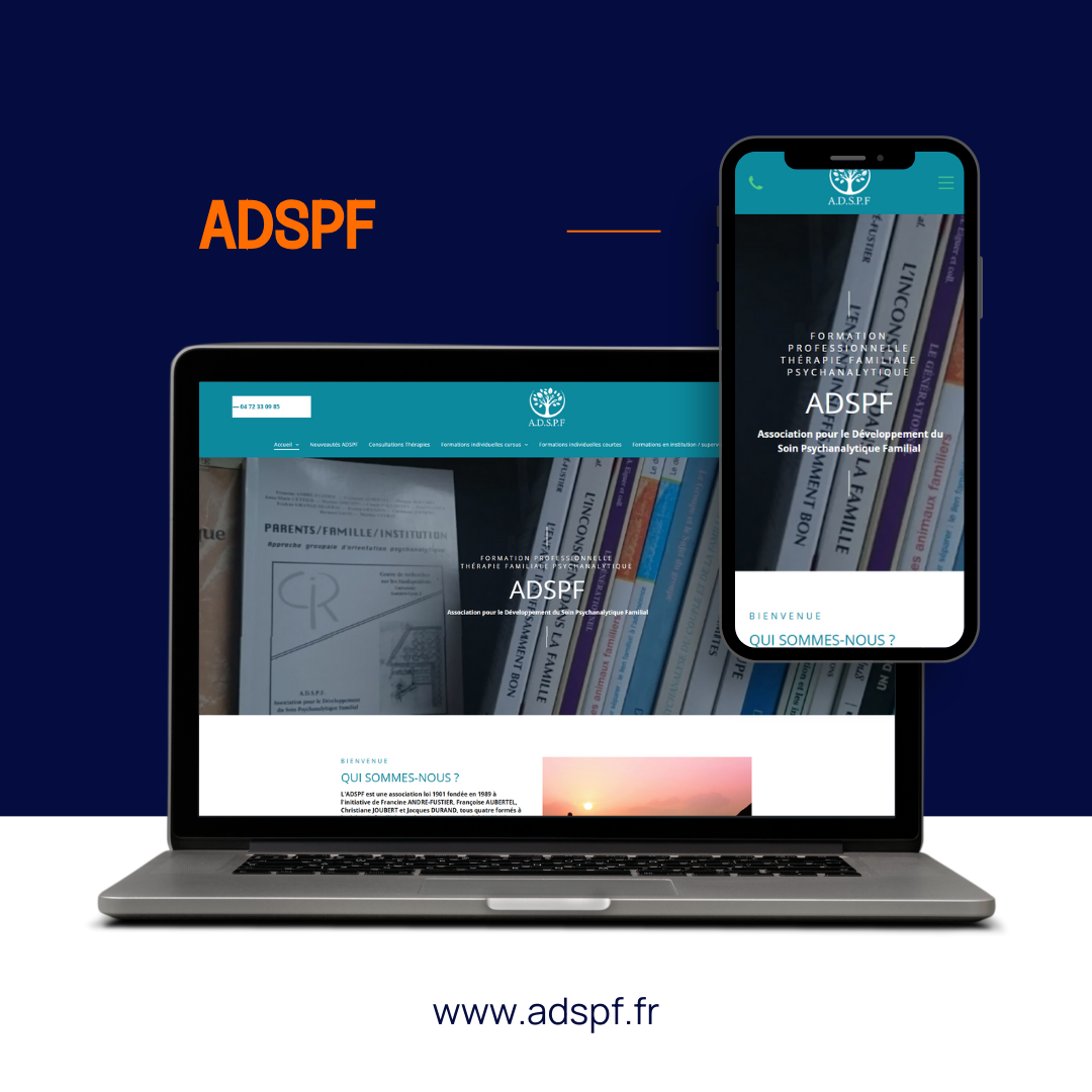 Un ordinateur portable et un smartphone affichent le site web de l'ADSPF sur un fond bleu foncé, avec l'adresse du site web en dessous.