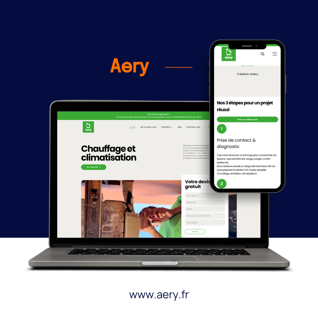 Un ordinateur portable et un téléphone portable affichant le site web d'Aery, spécialisé dans les services de chauffage et de climatisation, sur fond sombre.
