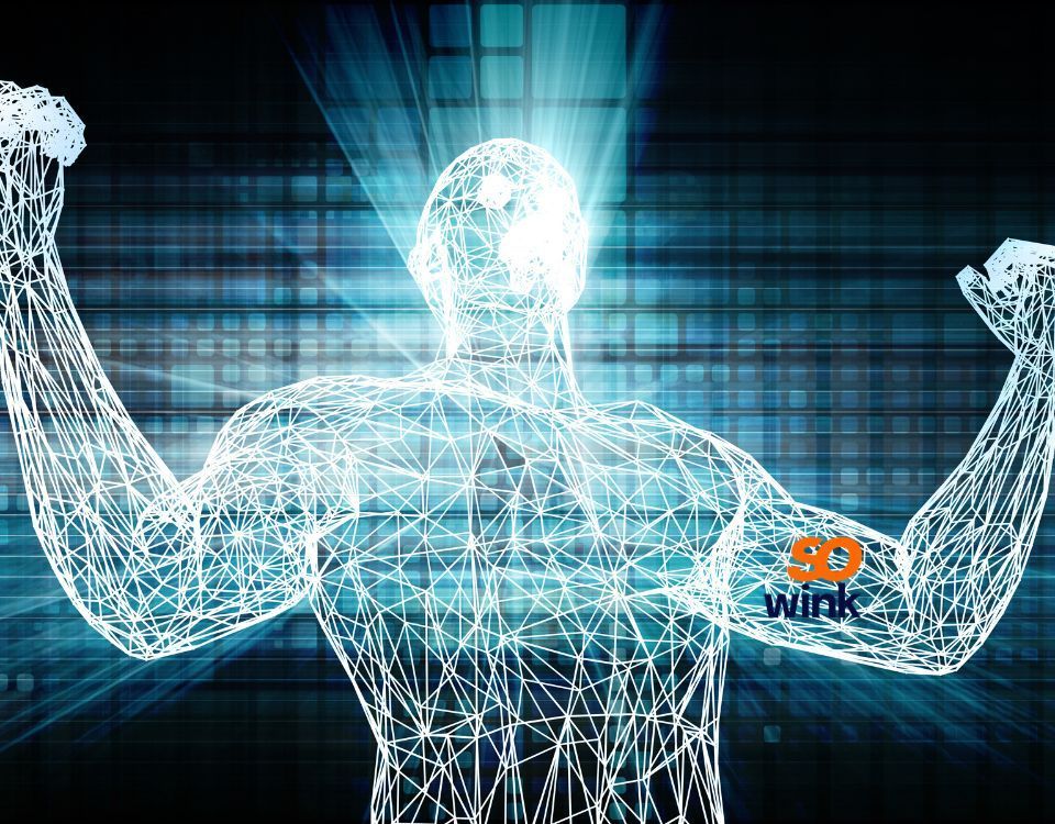 Figurine filaire aux bras levés et lumineux, avec le logo « 99 wink » sur le bras.