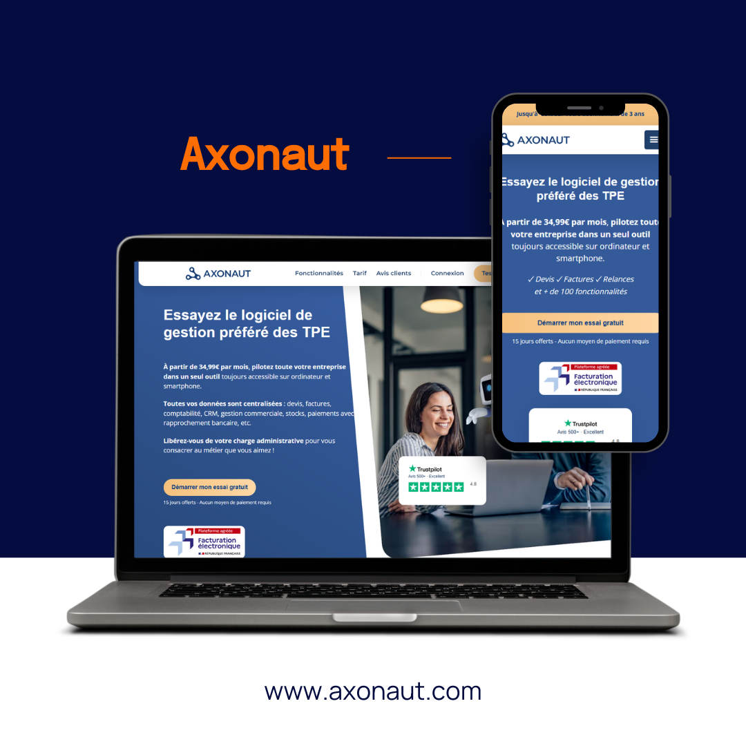 Un ordinateur portable et un smartphone affichent le site web du logiciel de gestion d'entreprise Axonaut sur un fond bleu foncé.