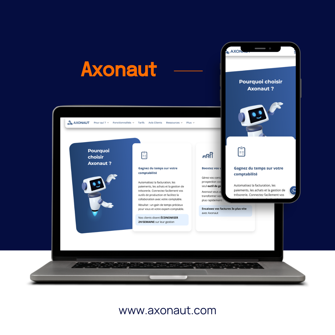 Un ordinateur portable et un smartphone affichant l'interface Axonaut sur un fond bleu foncé avec l'URL www.axonaut.com.