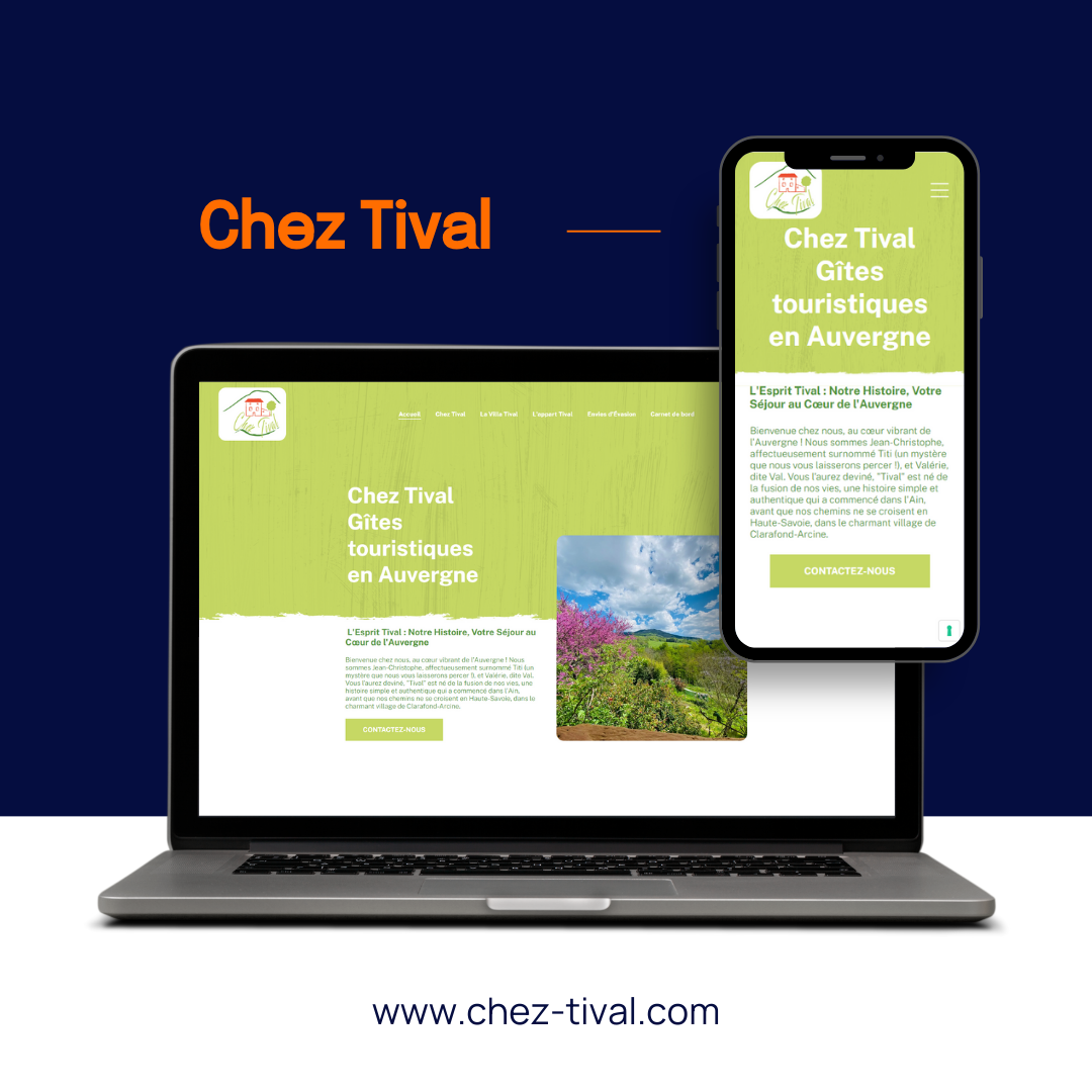 Ordinateur portable et smartphone affichant le site web Chez Tival sur un fond bleu foncé avec l'URL en dessous.