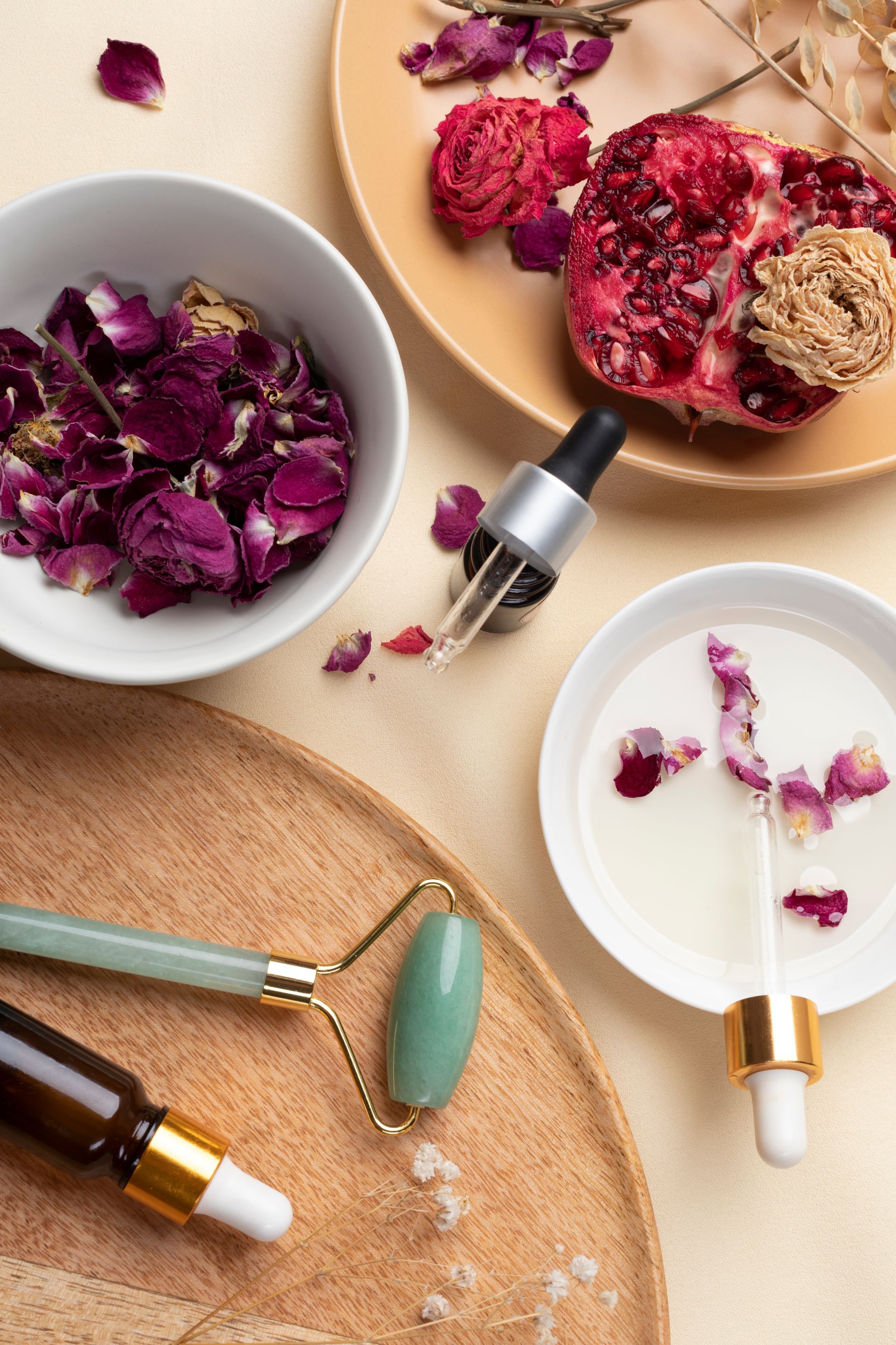 Vue de dessus de produits de soin de la peau, comprenant un rouleau de jade, des flacons compte-gouttes, une grenade et des pétales de rose dans des bols.