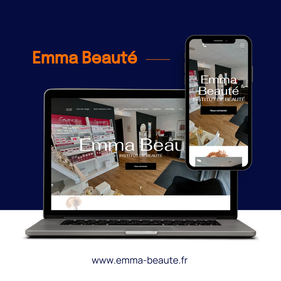 Site web d'Emma Beauté affiché sur un ordinateur portable et un smartphone sur fond bleu foncé