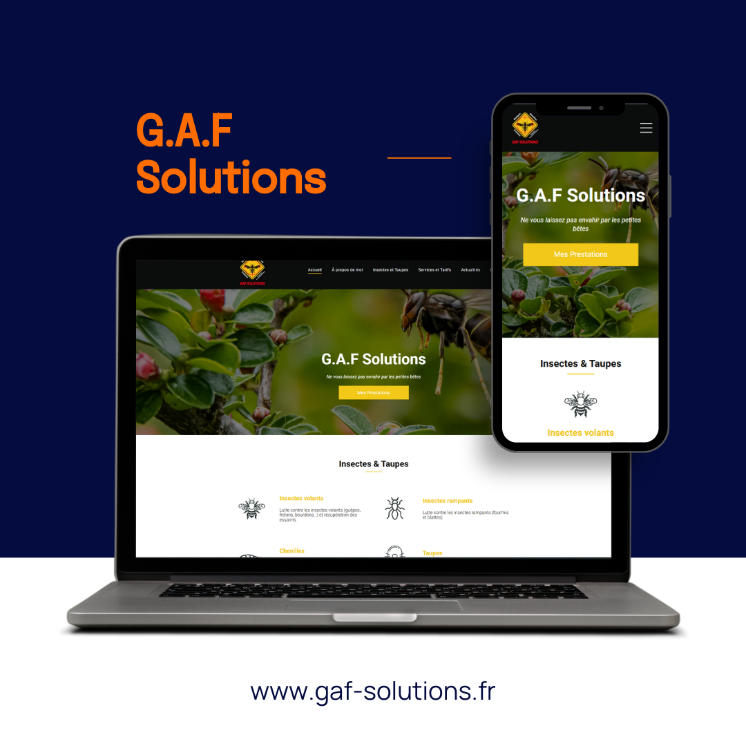 Site web de GAF Solutions affiché sur un ordinateur portable et un smartphone sur fond bleu foncé avec l'URL de l'entreprise.
