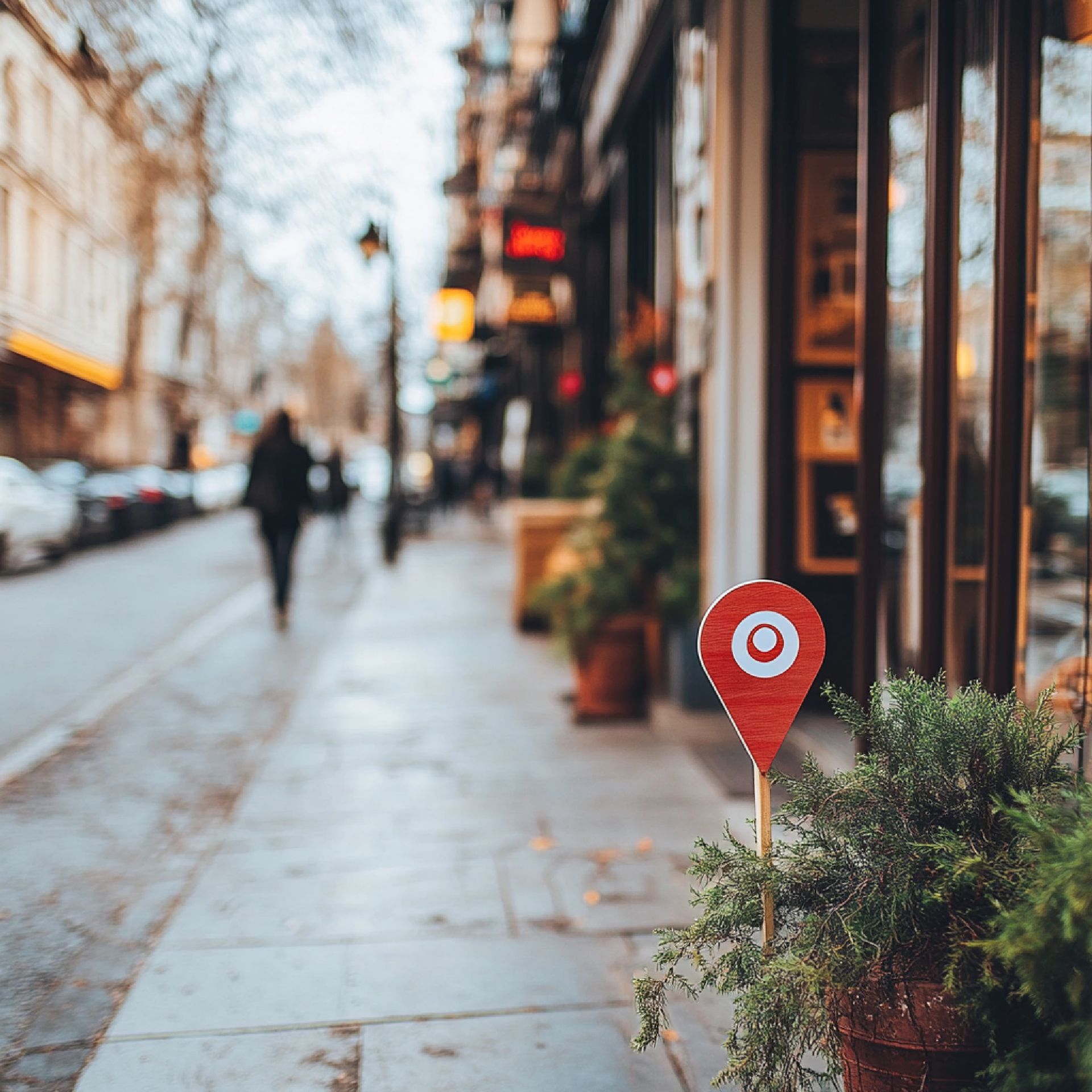 Un marqueur de localisation rouge est planté dans un pot de fleurs sur un trottoir, avec des silhouettes floues qui marchent au loin.