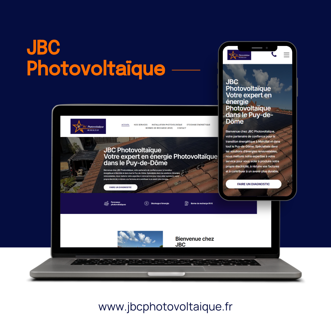 Un ordinateur portable et un téléphone portable affichant le site web de JBC Photovoltaïque sur un fond bleu foncé.