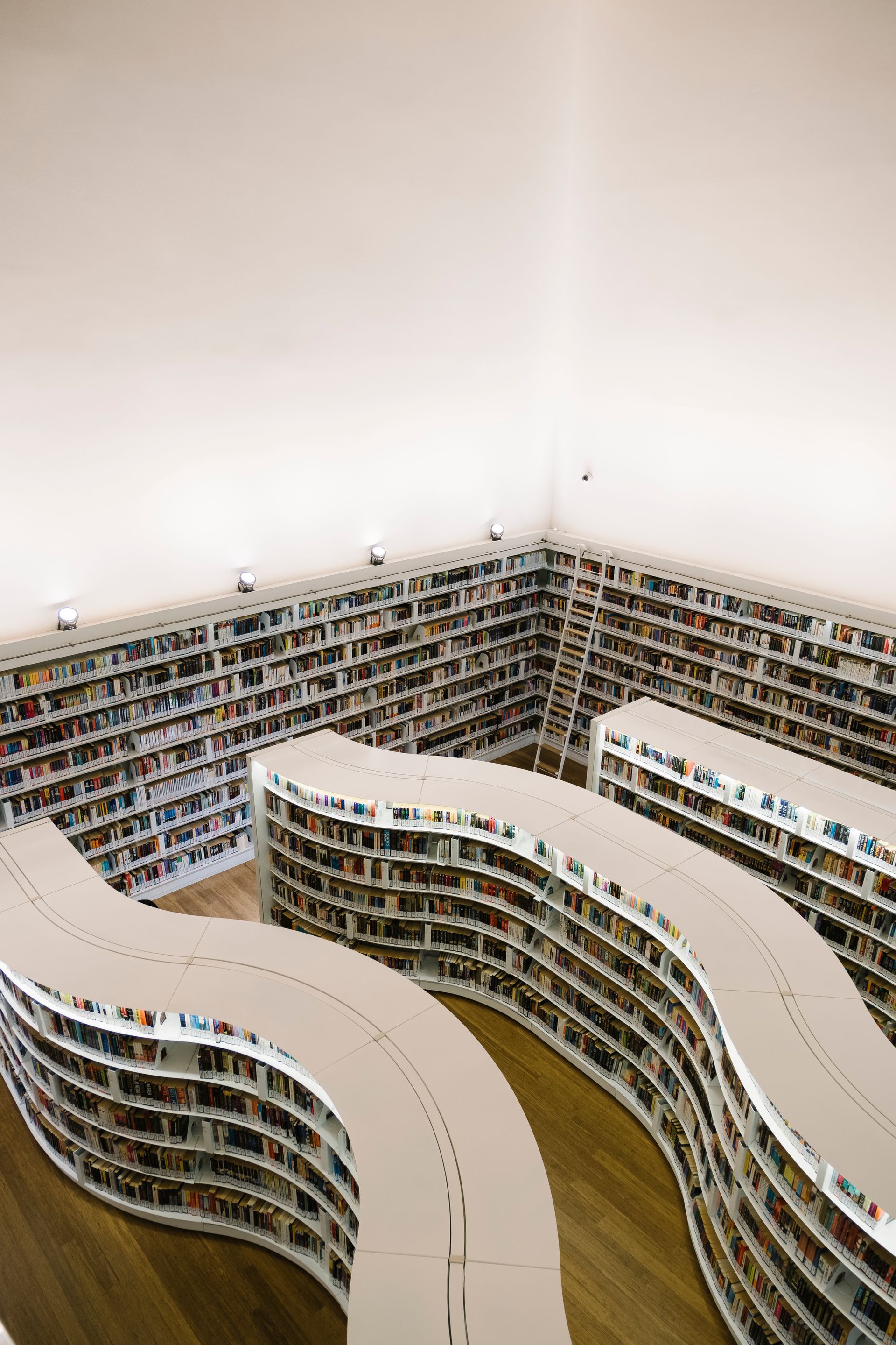 Vue en plongée d'une bibliothèque aux étagères blanches et incurvées formant un chemin sinueux à travers une pièce minimaliste.