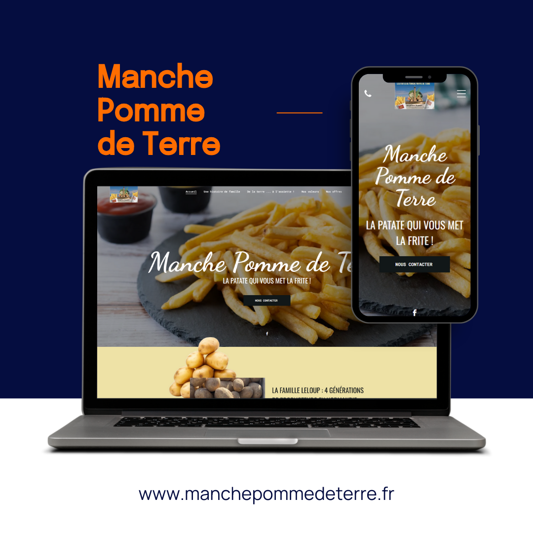 Un ordinateur portable et un smartphone affichant un site web pour «Manche Pomme de Terre» avec des images de frites sur fond bleu foncé.