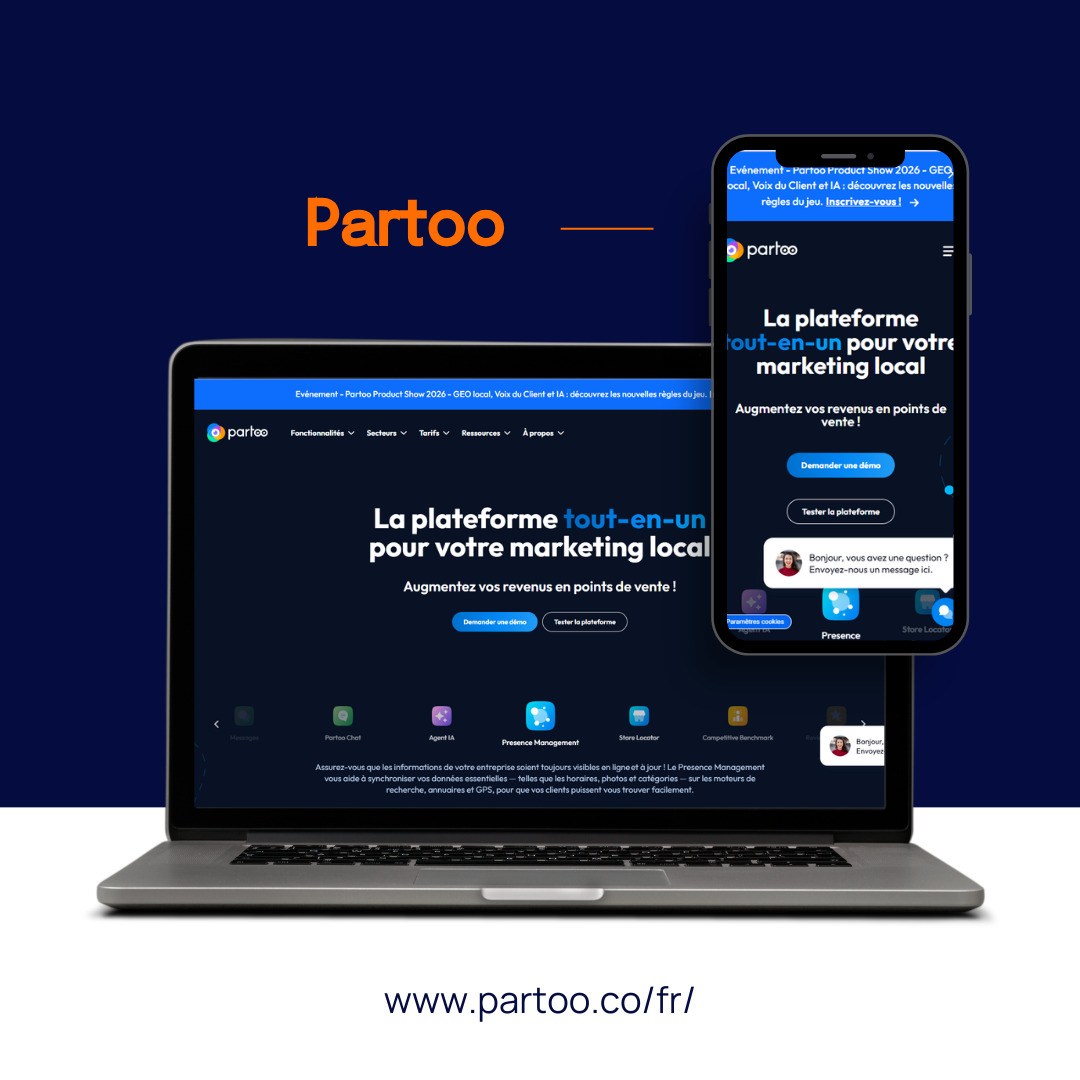 Écrans d'ordinateurs portables et de smartphones Partoo affichant leur site web « plateforme de marketing local tout-en-un » sur fond sombre.