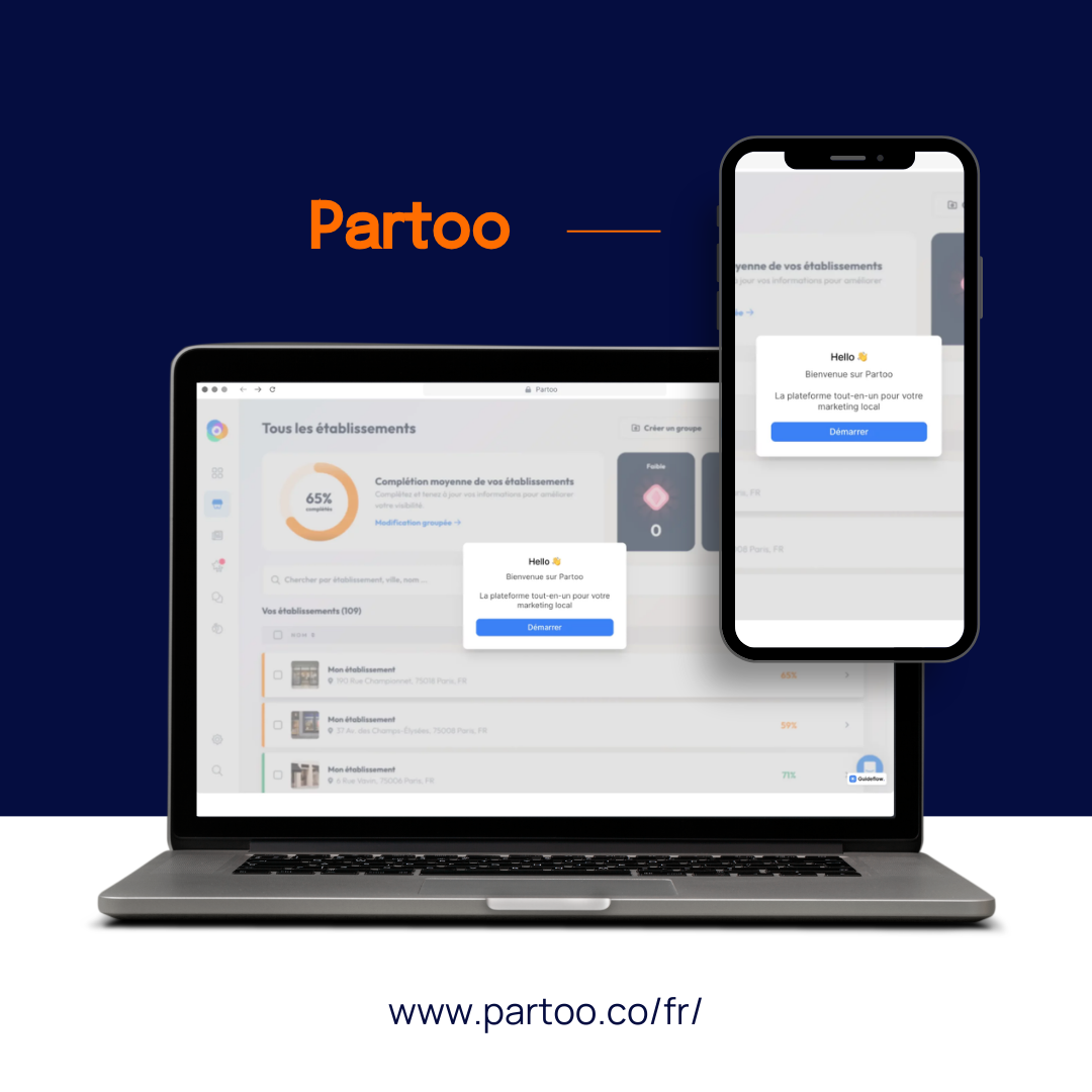 Un ordinateur portable et un smartphone affichant l'interface du logiciel Partoo sur un fond bleu foncé, avec l'URL du site web en dessous.