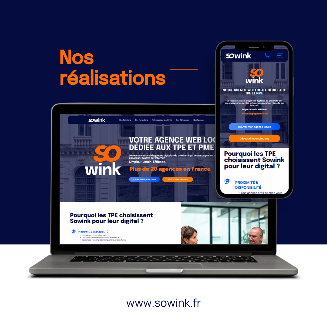 Un ordinateur portable et un smartphone affichent le site web de Sowink sur un fond bleu foncé, avec l'URL de l'entreprise en dessous.