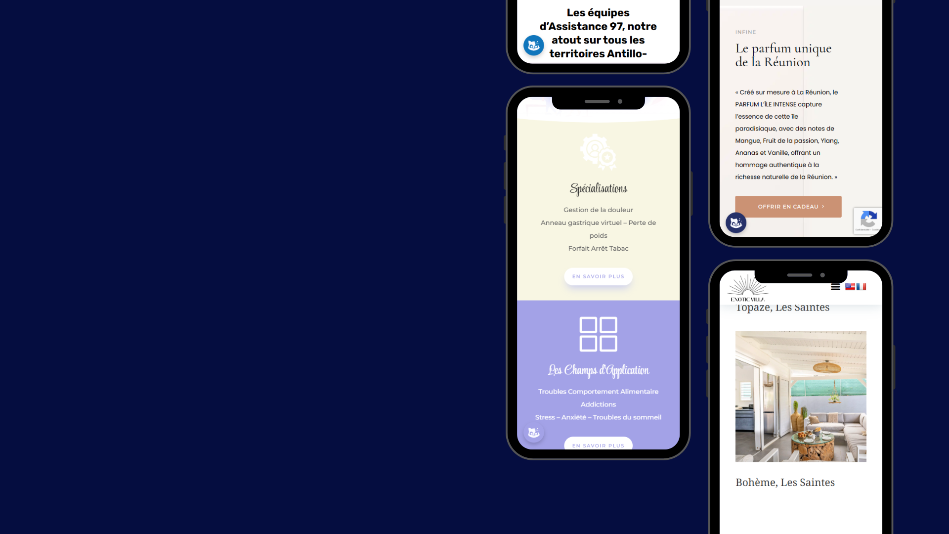Quatre écrans de téléphones portables affichant des interfaces d'applications avec des fonds neutres, comportant du texte, des icônes et des photos de pièces.