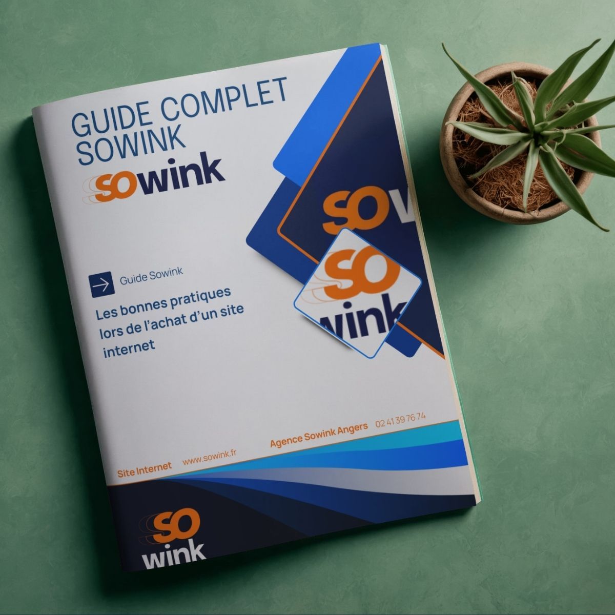 Un livre intitulé « GUIDE COMPLET SOWINK » avec un logo bleu et orange, à côté d'une petite plante en pot sur une surface verte.