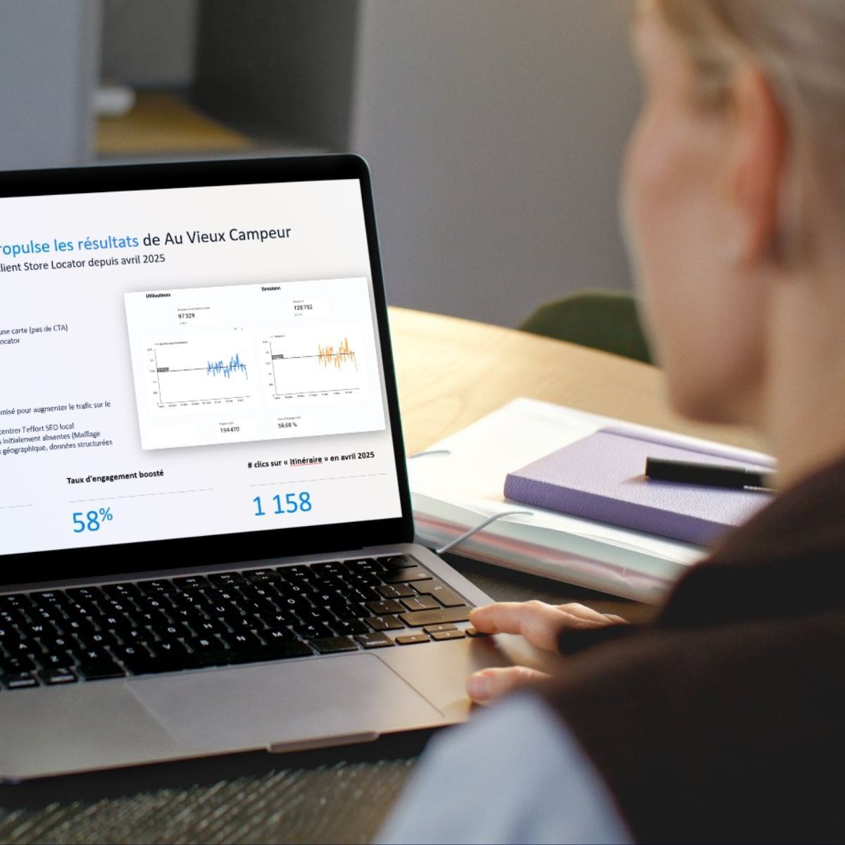 Une personne travaille sur un ordinateur portable affichant des graphiques et des indicateurs de données dans un bureau bien éclairé.