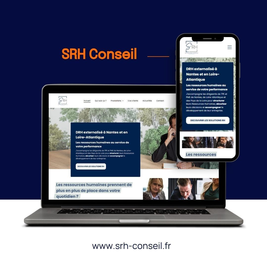 Site web de SRH Conseil affiché sur ordinateur portable et téléphone, avec une fenêtre contextuelle bleu foncé et un bouton d'appel à l'action