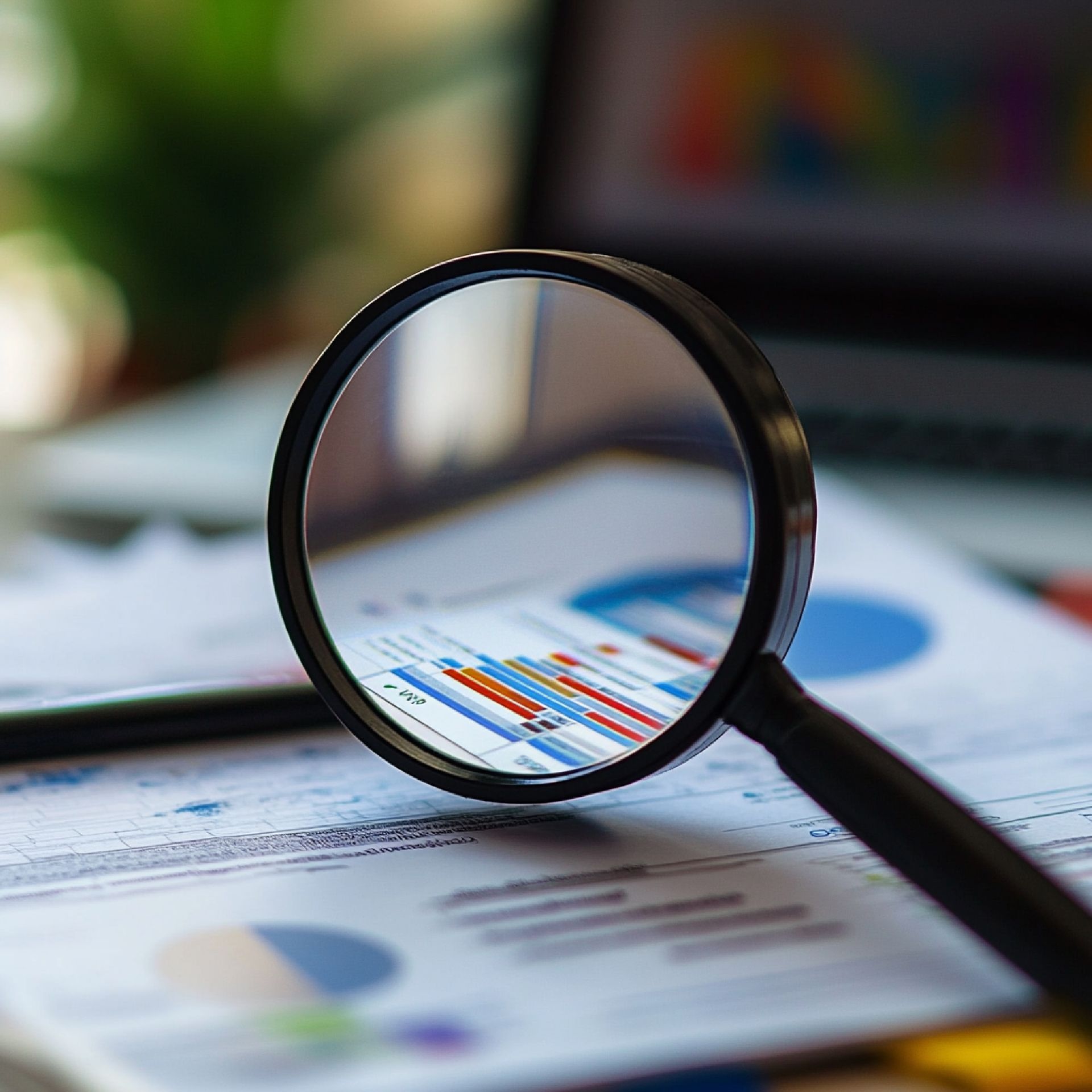 Une loupe placée sur des graphiques et des tableaux d'affaires posés sur un bureau, avec un ordinateur portable flou en arrière-plan.