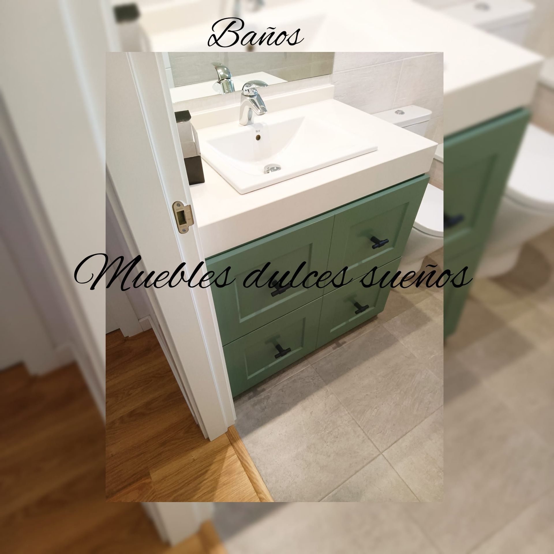 Un baño con armarios verdes y un lavabo blanco.