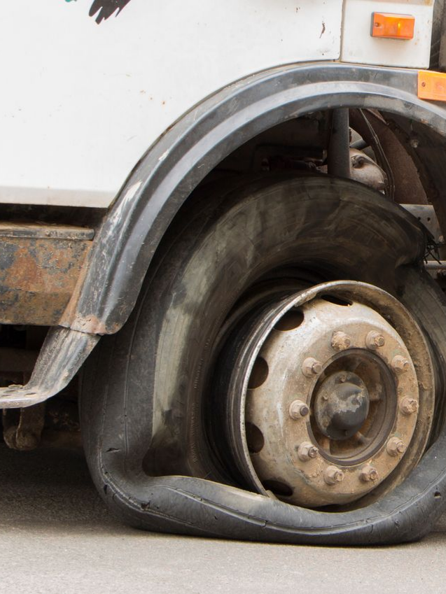 Pneu crevé sur un camion et jante rouillée.