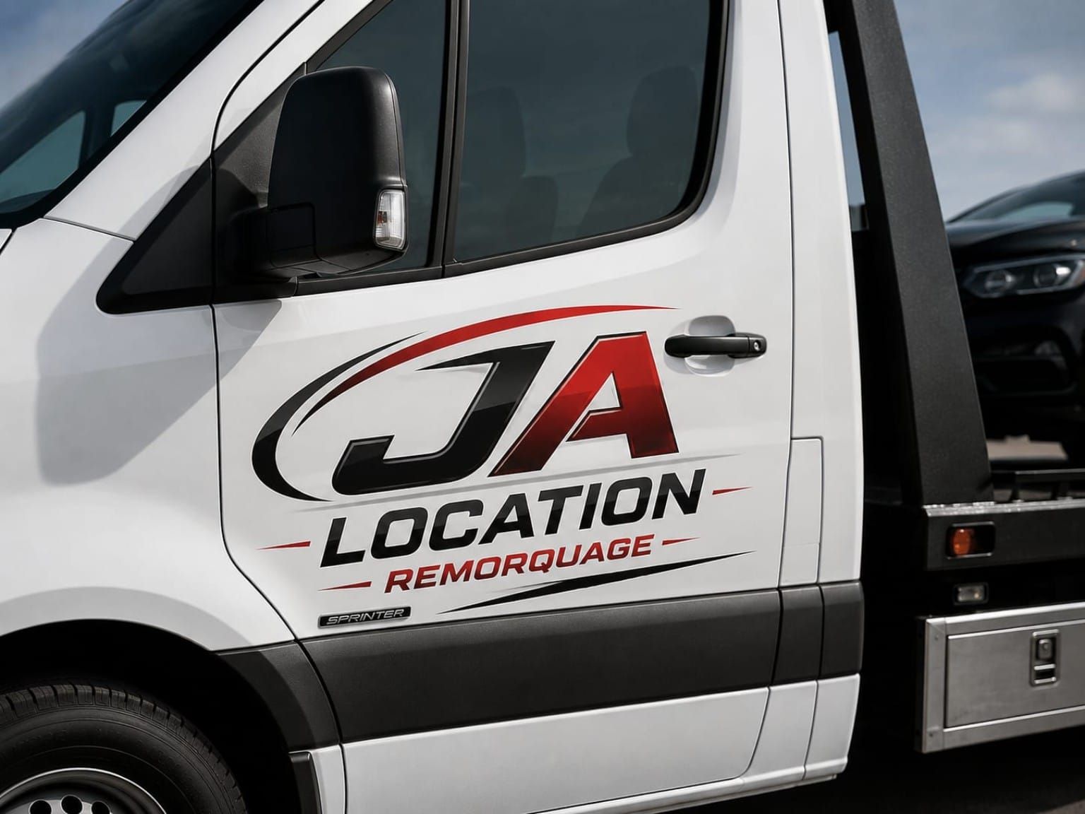 Camion de dépannage avec JA Location Remorquage noté sur le côté.