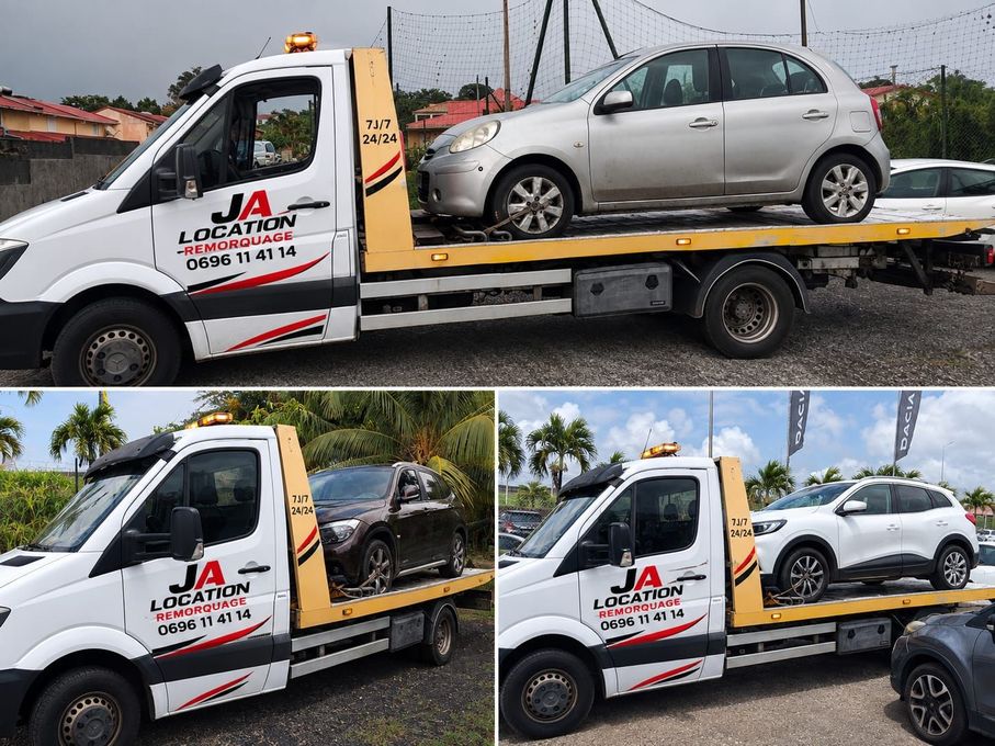 Une dépanneuse transportant une voiture, avec des images plus petites du même camion transportant une voiture et un SUV.