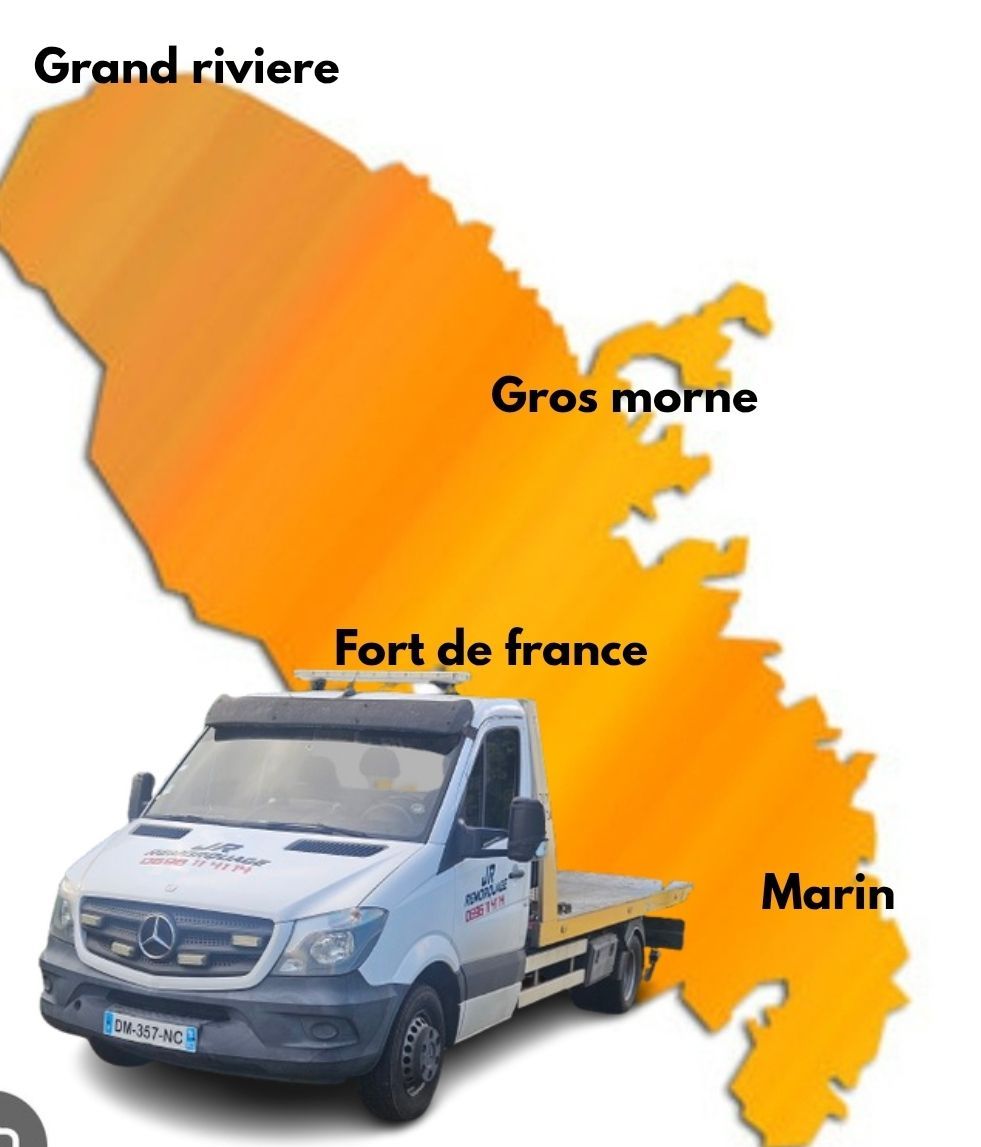 Carte de la Martinique avec les noms des villes et une dépanneuse au premier plan.
