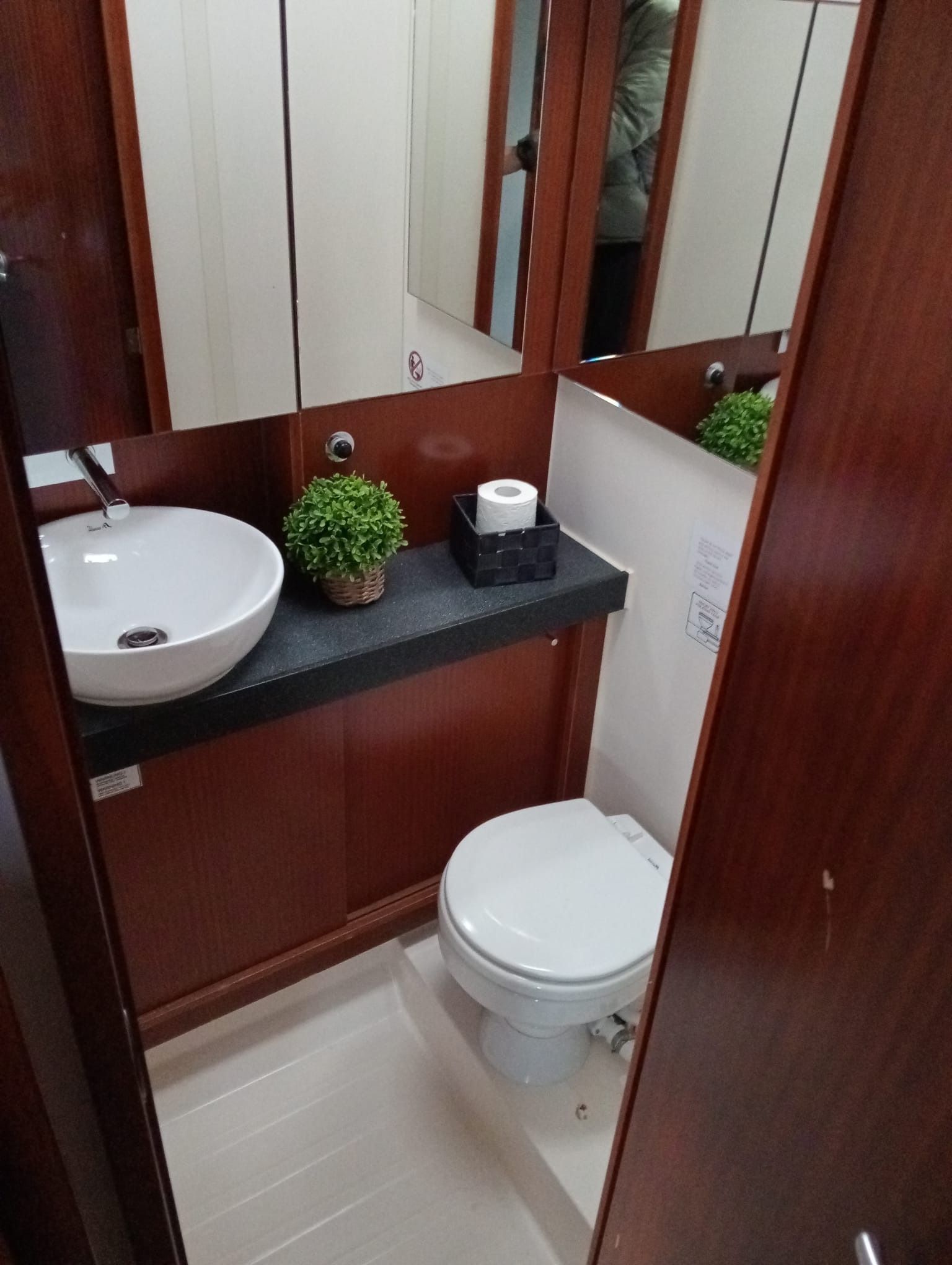 Un baño con inodoro, lavabo y espejo.