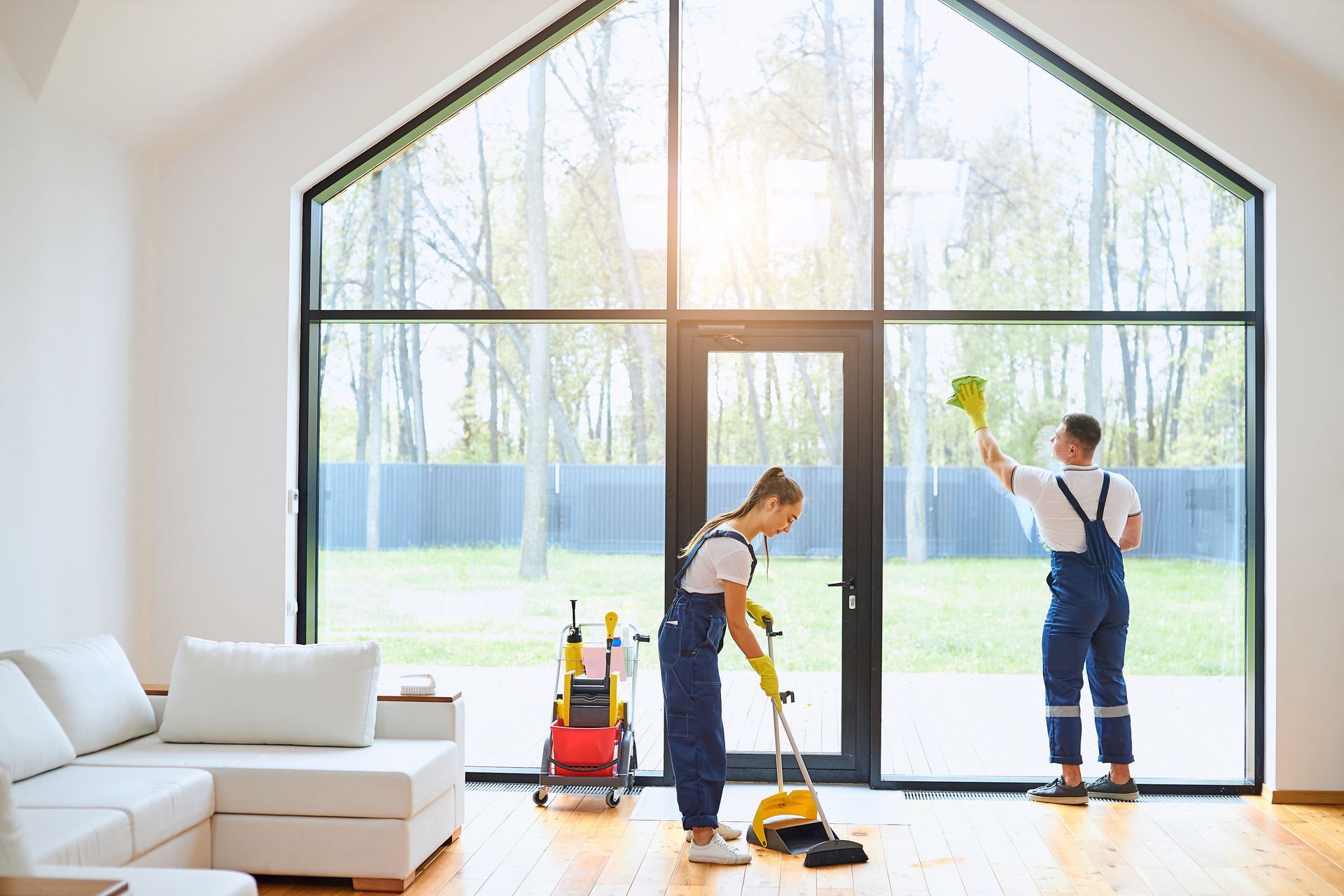 Un hombre y una mujer están limpiando una sala de estar.