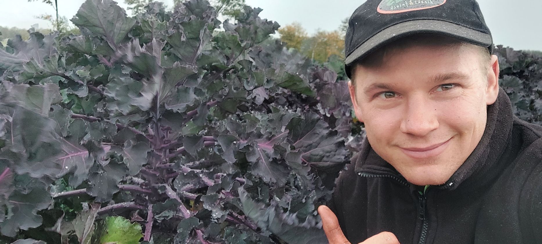 Mann zeigt Kohl auf einem Feld