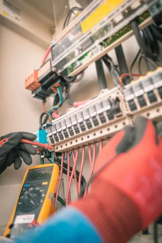 Técnico probando un panel de control eléctrico con un multímetro y guantes aislantes.