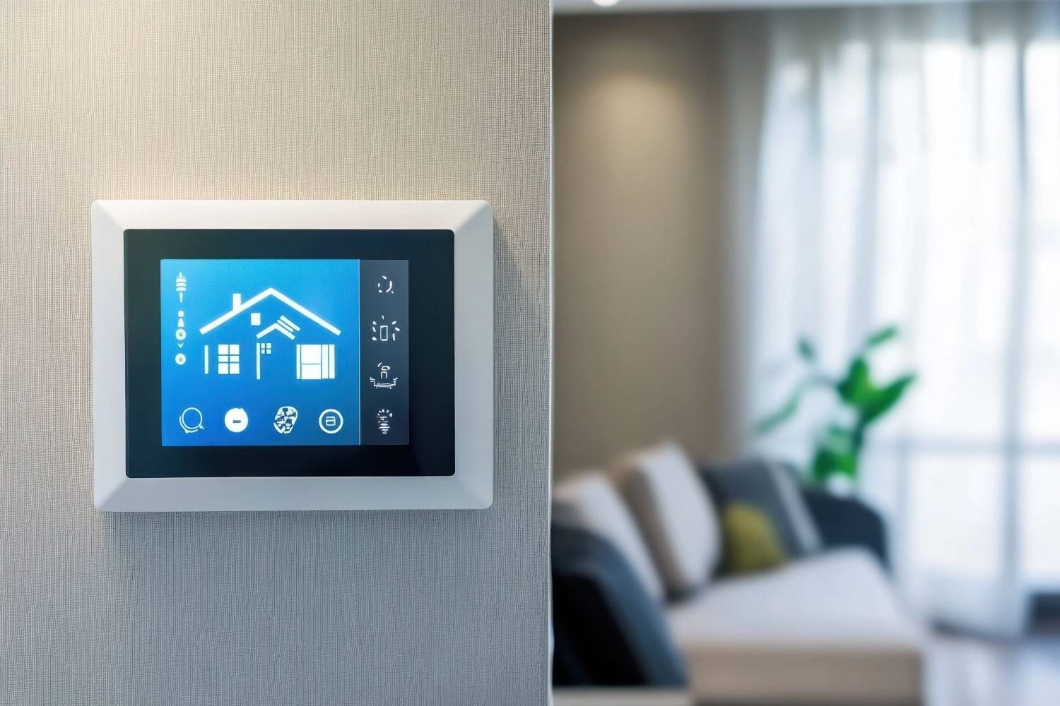 Panel de control inteligente para el hogar montado en la pared que brilla en azul junto a un sofá de sala borroso.
