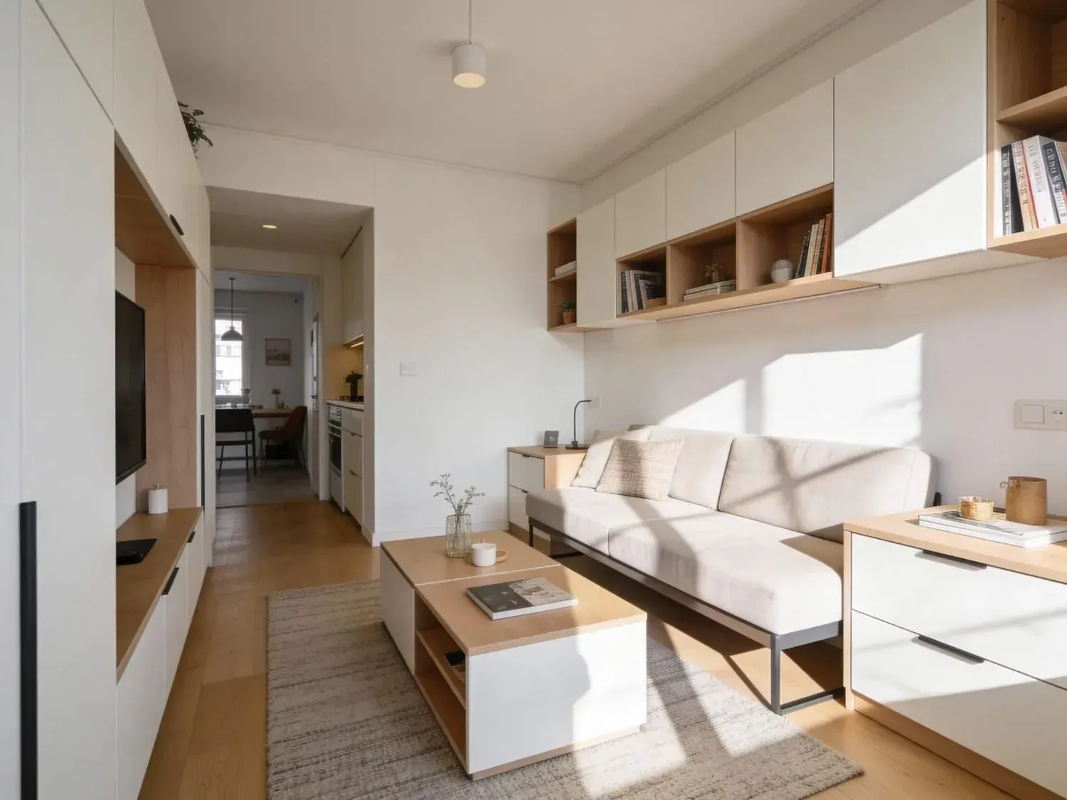 Luminoso salón moderno con sofá beige, estanterías de madera, mesa de centro y luz natural que entra a raudales.