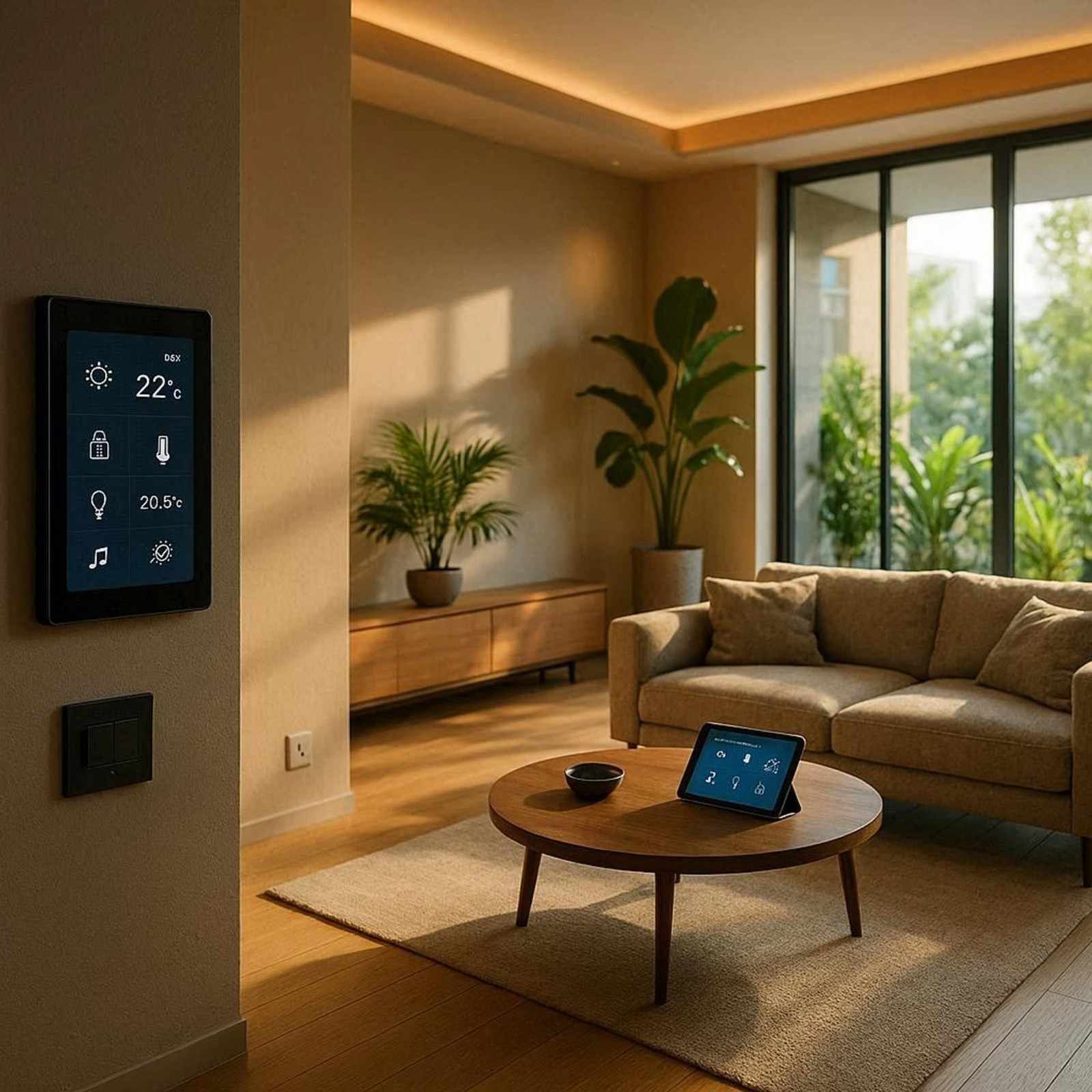 Sala de estar moderna con sistemas de control inteligente para el hogar, sofá, mesa de centro, plantas y una ventana soleada.