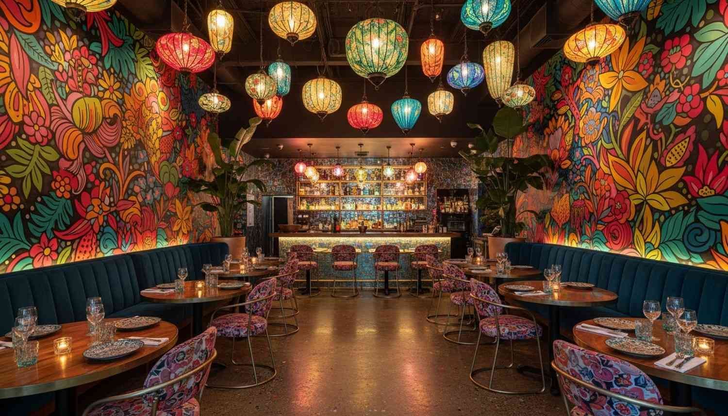 Interior colorido de restaurante con temática tropical, con faroles colgantes y paredes estampadas.