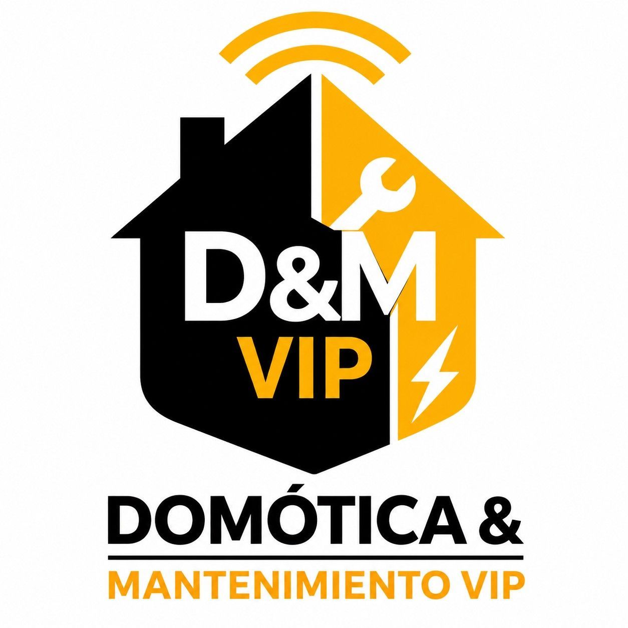 Logo de D&M VIP con &iacute;cono de casa negra y amarilla, herramientas y texto &ldquo;Dom&oacute;tica & Mantenimiento VIP&rdquo;