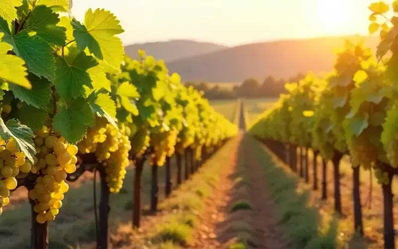 Rangées de vignes ensoleillées, garnies de raisins mûrs au coucher du soleil
