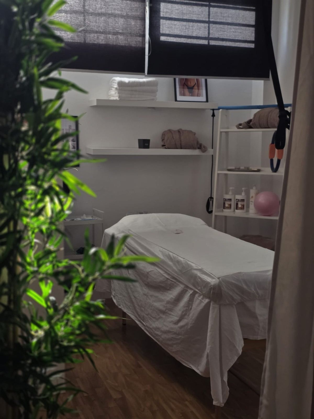 Pequeña sala de tratamiento con una camilla de masaje blanca, estanterías, plantas y una ventana con persianas oscuras.
