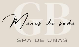 Logo for "Manos de seda SPA DE UÑAS". Cream background, "GB" in light beige, black script "Manos de seda" over it.