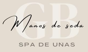 Logo for "Manos de seda SPA DE U&Ntilde;AS". Cream background, "GB" in light beige, black script "Manos de seda" over it.