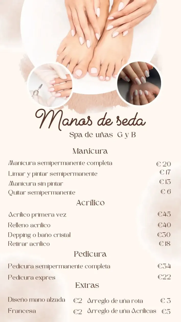 Menú del spa con precios para manicuras, uñas acrílicas, pedicuras y servicios adicionales. Incluye fotos de manos y pies.