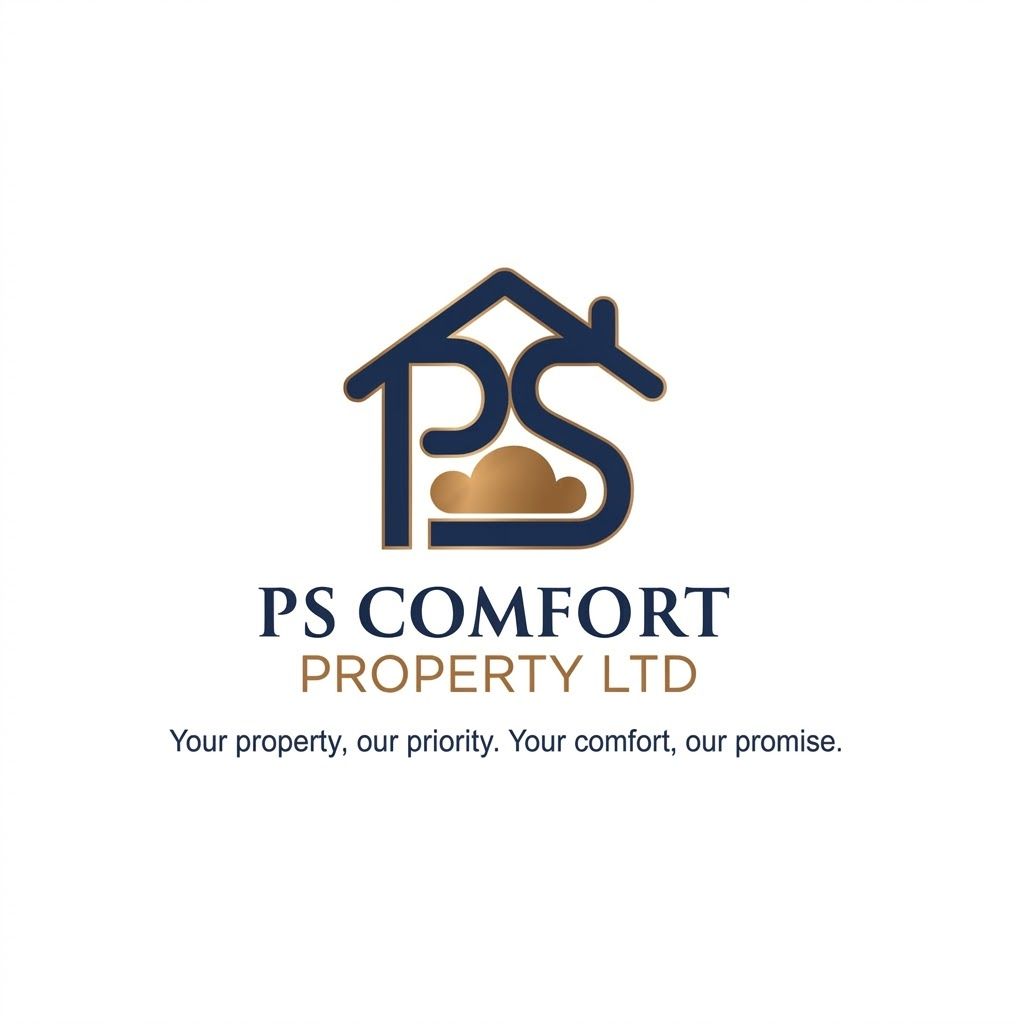Logo for PS Comfort Property Ltd, featuring a dark blue house icon with a gold cloud, above the company name and motto.