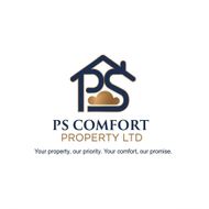 Logo for PS Comfort Property Ltd, featuring a dark blue house icon with a gold cloud, above the company name and motto.