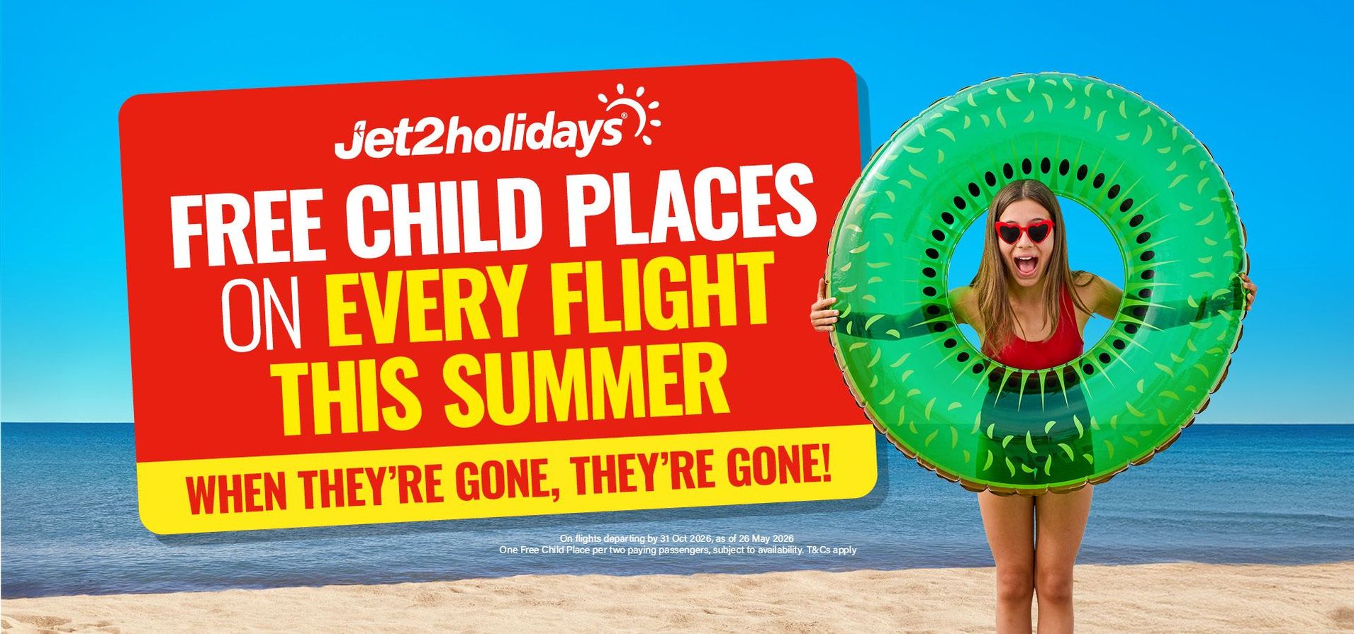 Red holiday sale banner: Jet2holidays “Half-term selling fast,” families save £500, book now button, boy in float ring