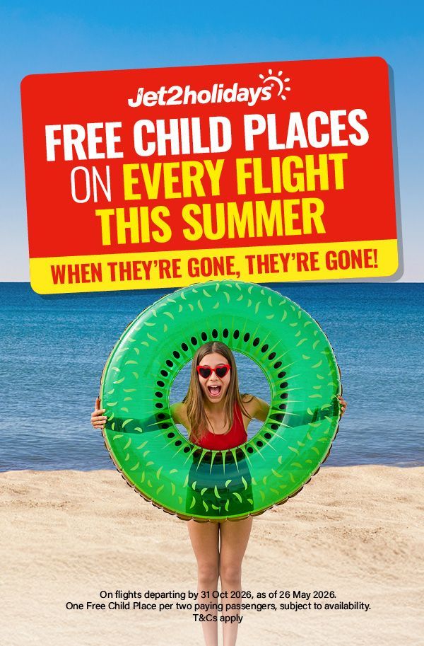 Jet2holidays sale poster: half-term family holidays from £500, book now, bright red and yellow.